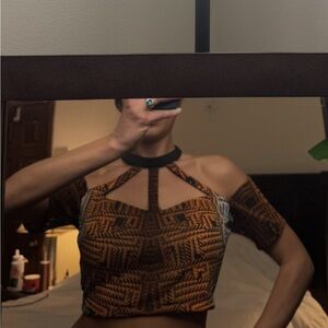 bebe Y2K Black/orange Patterned Crop Top with Collar, Mesh Back